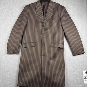Lucelli Coat Mens 44 Brown Pinstripe Long Single Breasted Overcoat Lined Classic